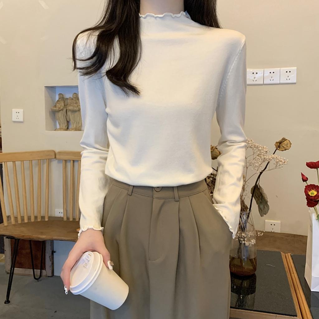 Herbst- und Winterpilzkante Rollkragen Strickpullover Damen schlichte vordere Schulter Innenfutter Oberteil weicher wachsartiger vielseitiger Pullover