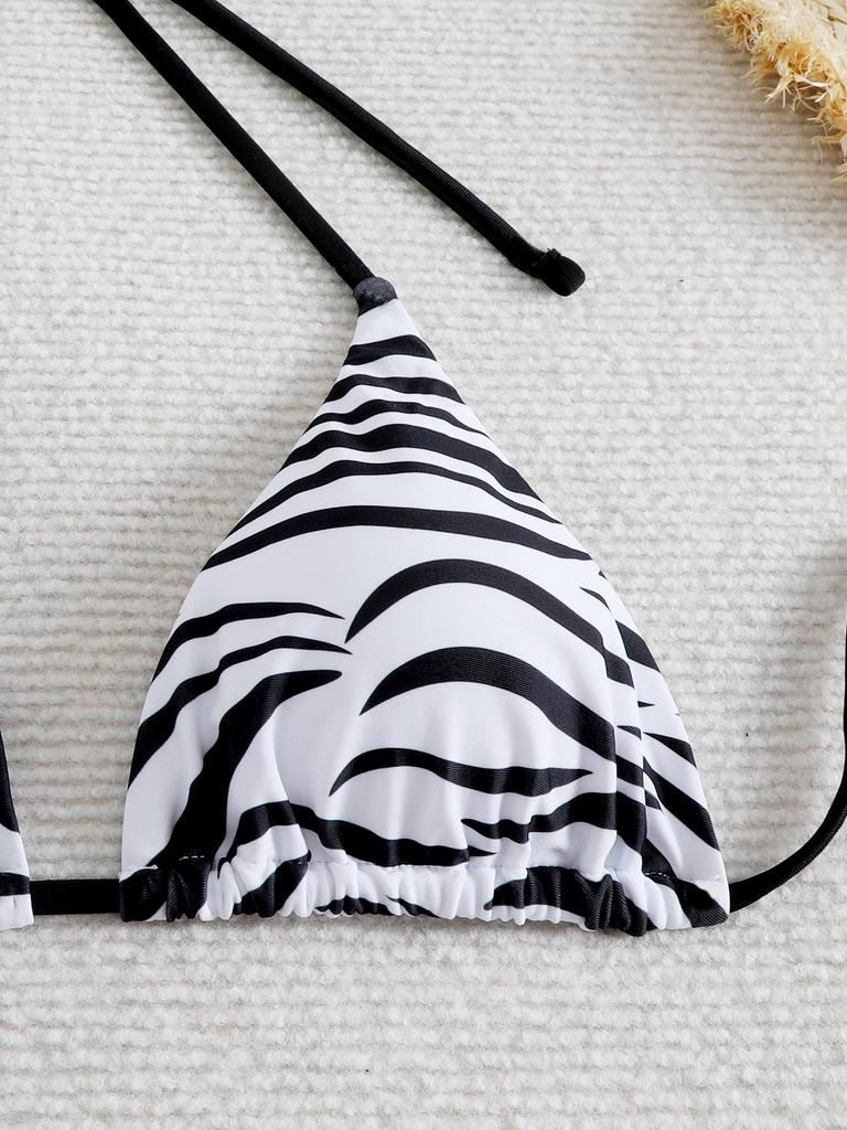 Zebra-Print Schnür-Halterneck-Bikini Badeanzug 2025