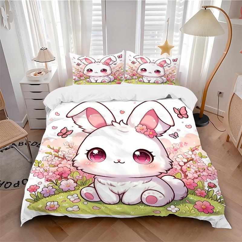 3pcs Sweet White Rabbit Bedding Set, Including 1 Quilt Cover and 2 Pillow Shams, Without Filling, Soft and Comfortable Home Bedroom Fabric,