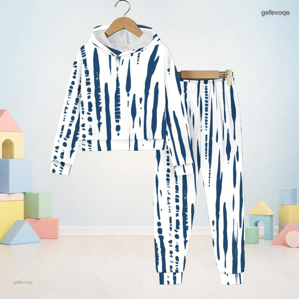 Boys Girls Blue White Printed Hooded Long Sleeve Sweatshirt Cuffed Pants Two Piece Set