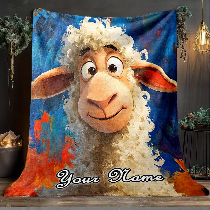 1PC Custom Name "Whimsical Sheep Portrait" outdooor Flannel blankets Patterns Throw Blanket All-Season Soft Gift for Couch, Bed, Camping gifts