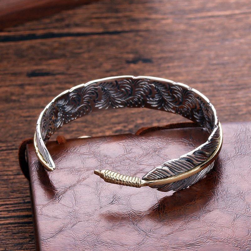 Vintage silver open bracelet with a unique retro design, Takahashi Goro's arabesque feather bracelet, men's bracelet, women's silver jewelry bracelet