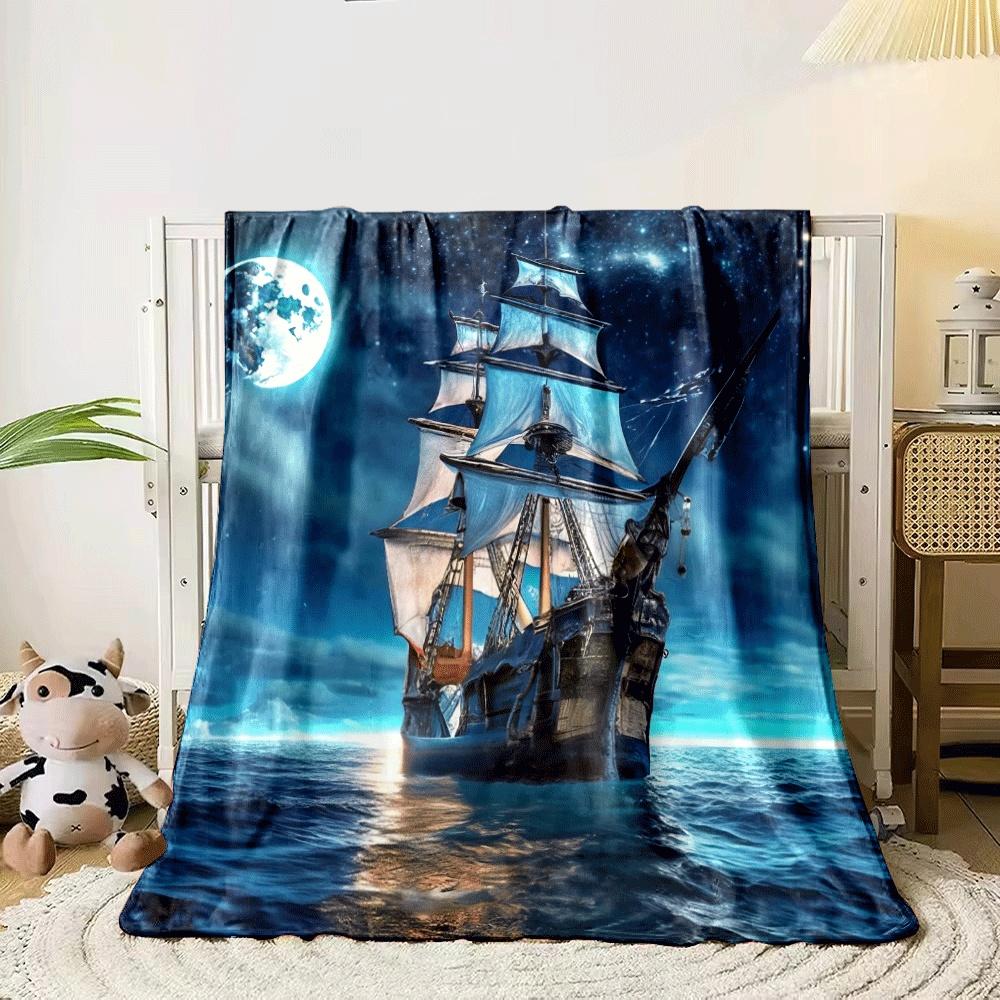 A Sailing Ship Beneath a Bright Moonlit Sky with Stars Over Calm Waters. for All Seasons Blanket Lunch Break Throw Gift
