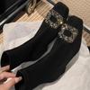 French square head thick heel short boots women's 2025 autumn and winter new Korean version rhinestone square buckle elastic thin socks boots and ank