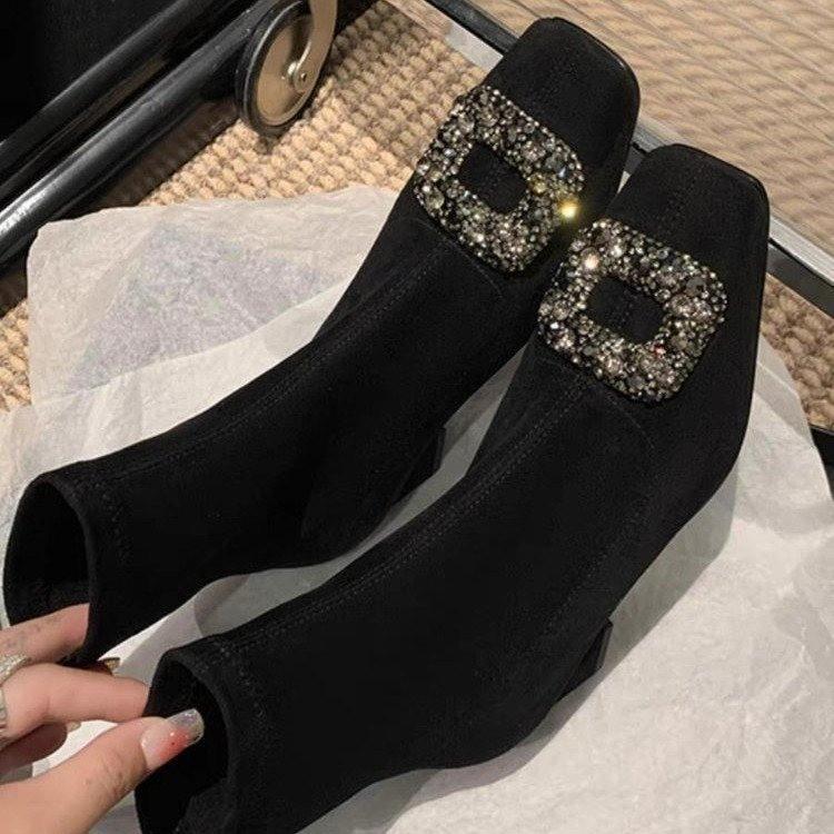 French square head thick heel short boots women's 2025 autumn and winter new Korean version rhinestone square buckle elastic thin socks boots and ank