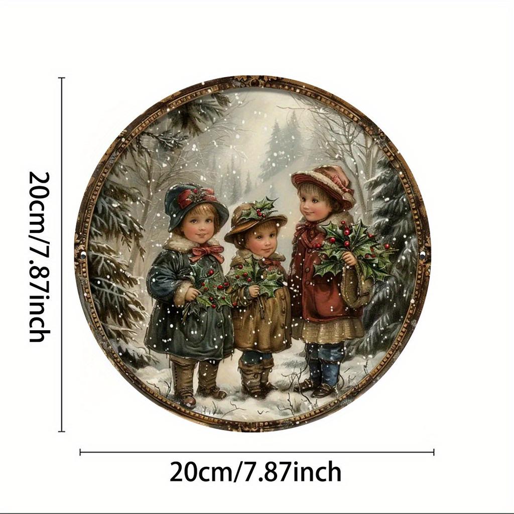 Victoriaanse Winter Aluminium Bord. 8x8 inch ronde feestelijke scène voor slaapkamer, woonkamer of kerstdecoratie.