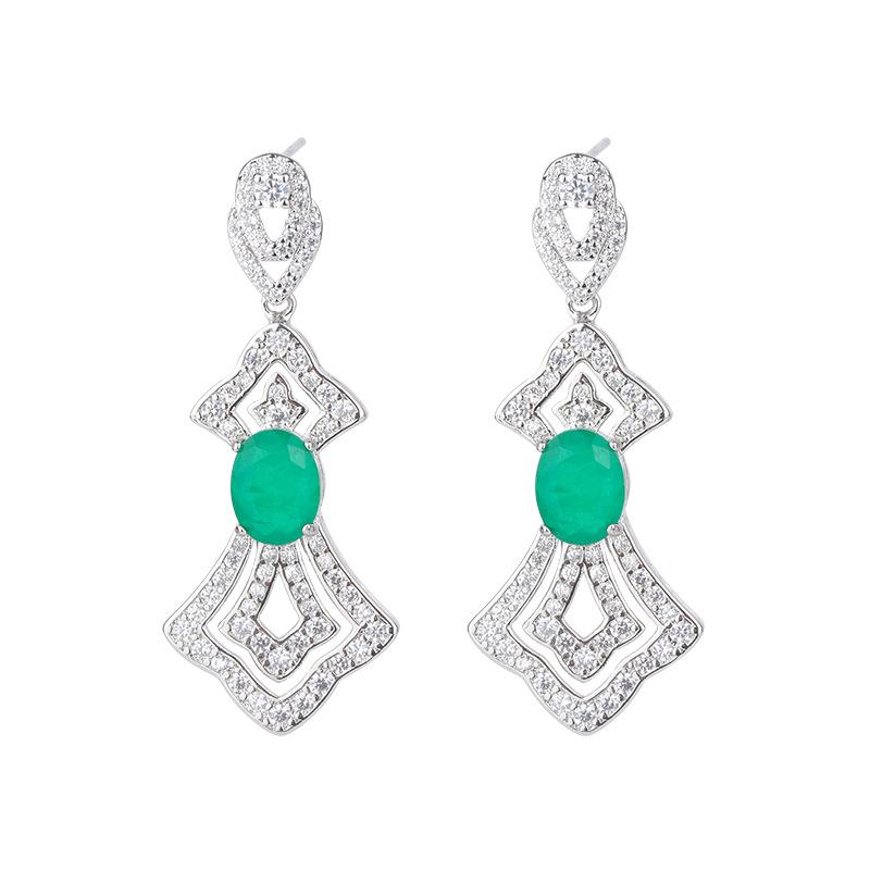 New Stud Earrings Imitation Natural Emerald Zircon Earrings Slightly Inlaid with Diamonds Light Luxury Design Small Skirt Earrings