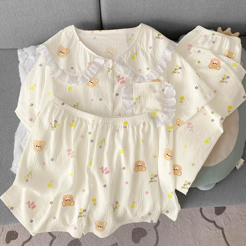 Cartoon Bear Spring Tulip Wind Cloud Cotton Doll Collar Lace Pajamas Short Sleeve Three-Piece Set