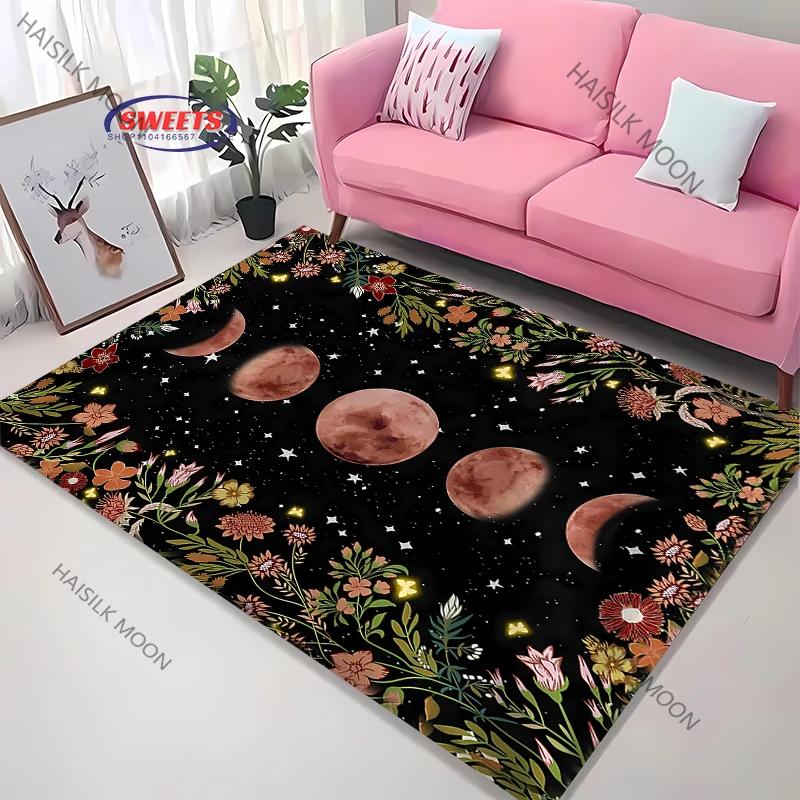 3D Himmlischer & Floraler Kunstbereichsteppich – Rutschfester Teppich für Schlafzimmer oder Wohnzimmer – Mond Sonne Blume Totem Bodenmatte, Heimdekor