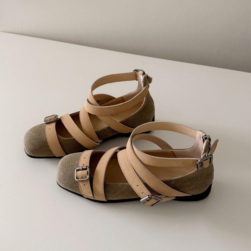 

Retro Square-toed Crossed One-shoulder Buckle Sports Ballet Girls Versatile Shallow Opening Single Shoes 35 сірий