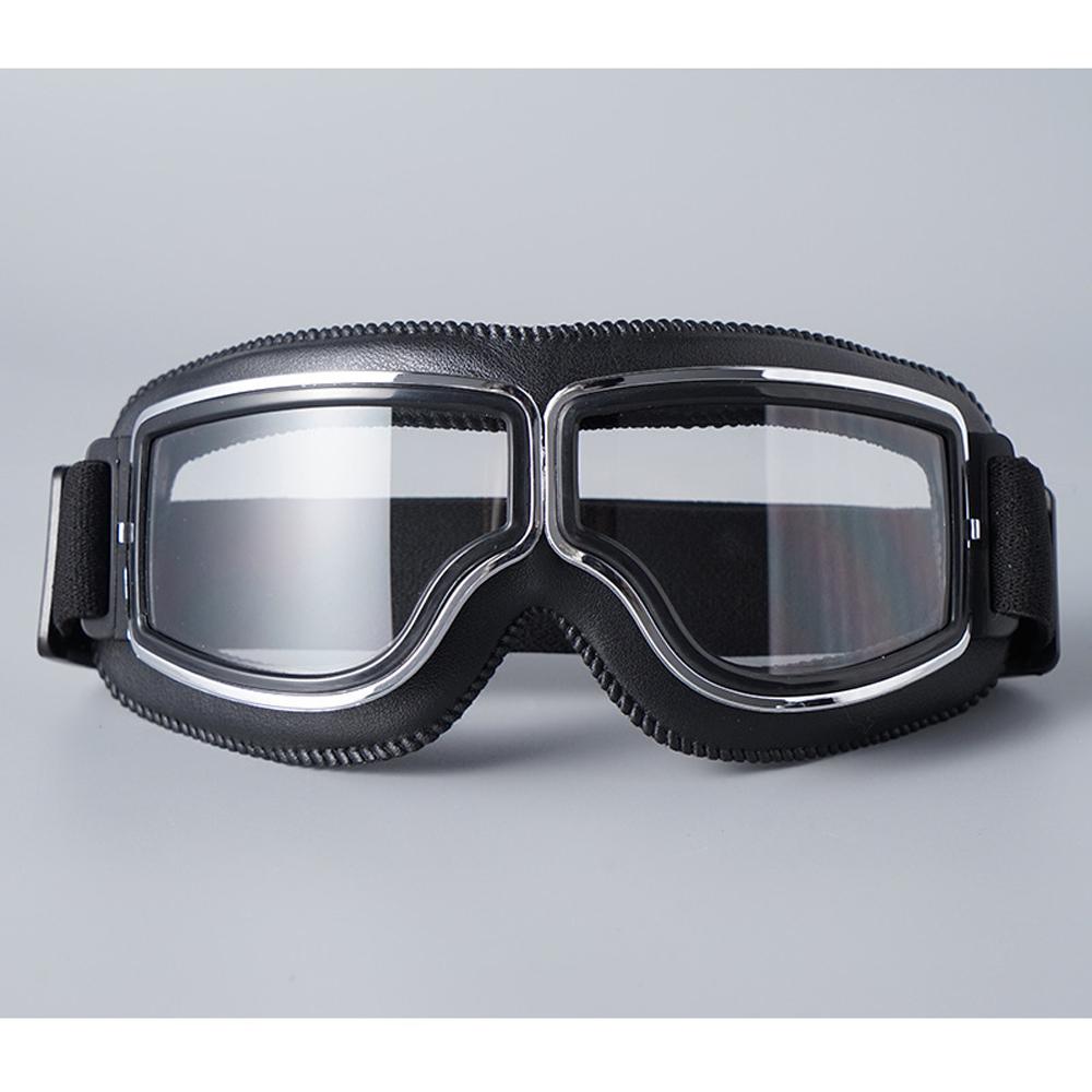 Leather Motorcycle Goggles Vintage Pilot Glasses Windproof Universal Outdoor Bicycle Cycling Ski Goggles Black Frame-Clear
