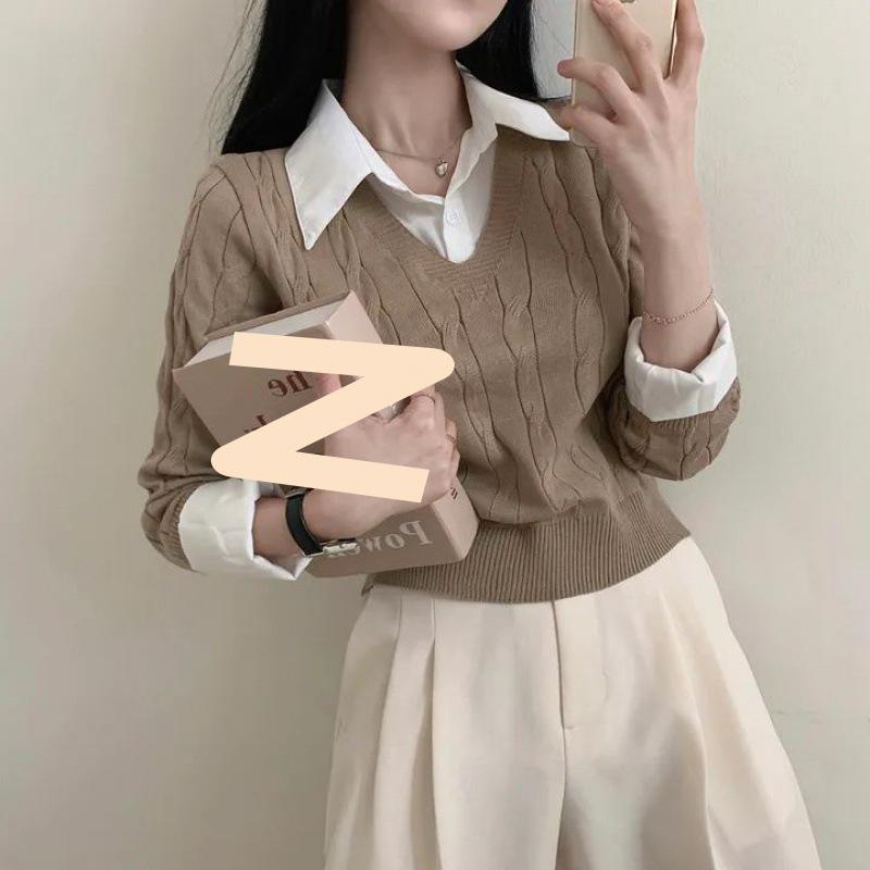 Svetr pletený patchworkovým stylem v korejském stylu s košilovým límcem - Dámský zeštíhlující podzimní pulovr