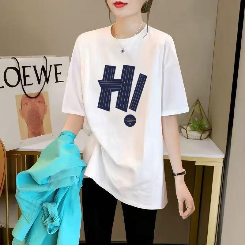 Short Sleeve Women's Medium and Long Hip Cover T-Shirt Summer Crew Neck Black Cotton T-Shirt Loose Large Top
