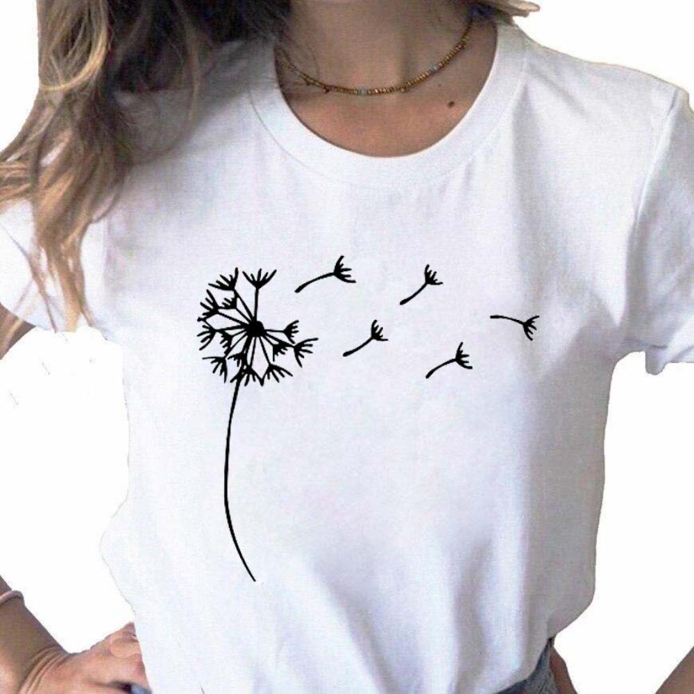 New Dandelion Printed Women's T-shirt Cartoon Pattern Printed Black Women's T-shirt Casual Women's Shirt Fun T-shirt