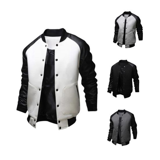 Autumn Men Long Raglan Sleeve Color Block Varsity Jacket Buttons Pocket Coat