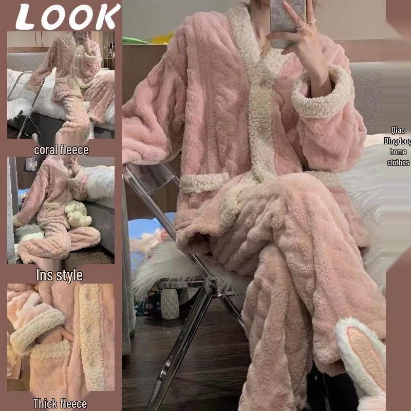 Dámská pyžamová souprava z korálového fleecu - Podzimní/Zimní flanelový kardiganový styl