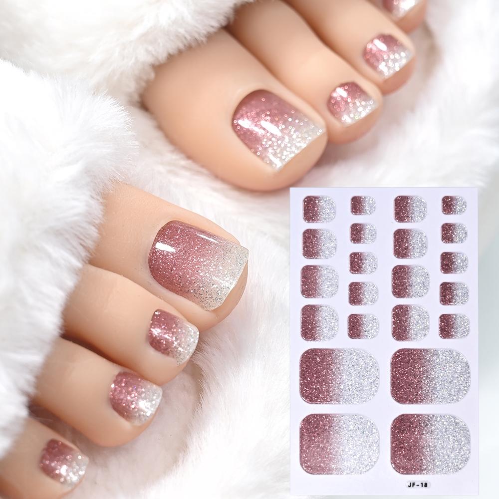 22tips/Sheet Glittering Toenails Manicure Art Decals Baking Free Toe Nail Stickers Full Cover Removable Adhesive DIY Nail Patch*