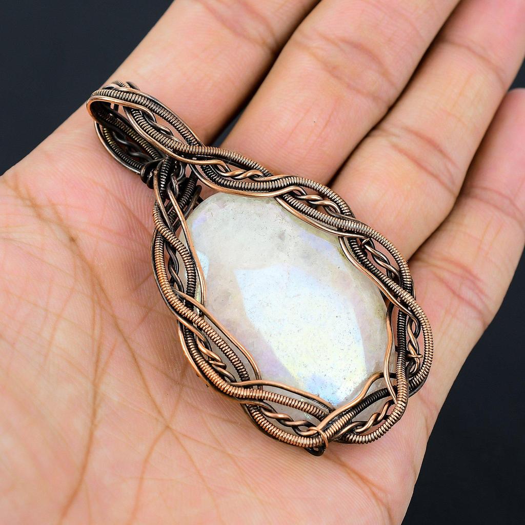 Moonstone Gemstone Copper Wire Wrap Beautiful Handmade Pendant Jewelry