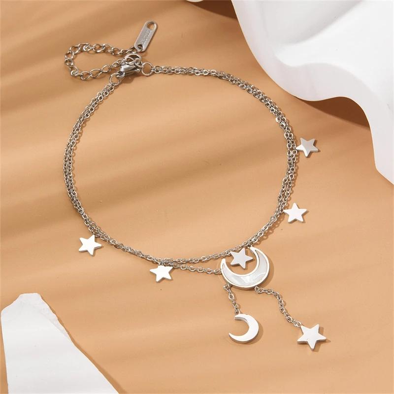 Stainless Steel 2025 New Fashion Jewelry Summer Beach Style Seashells Stars Moon Charm Beading Anklets Chain For Women