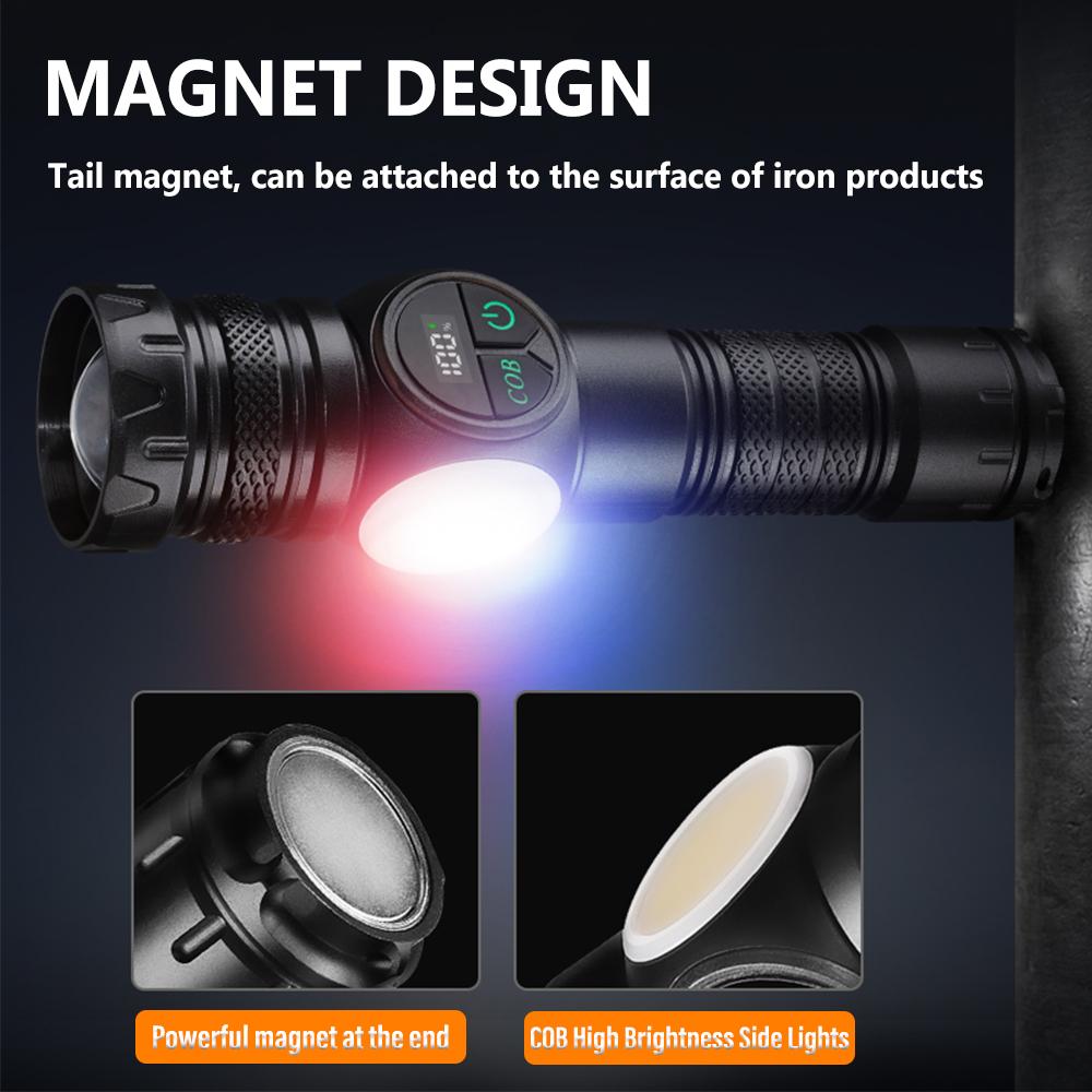 8000LM D5 Portable Zoom Flashlight Rechargeable Battery With High Bright Cob Side Light And Red And Blue Warning Work Light Repair Lamp