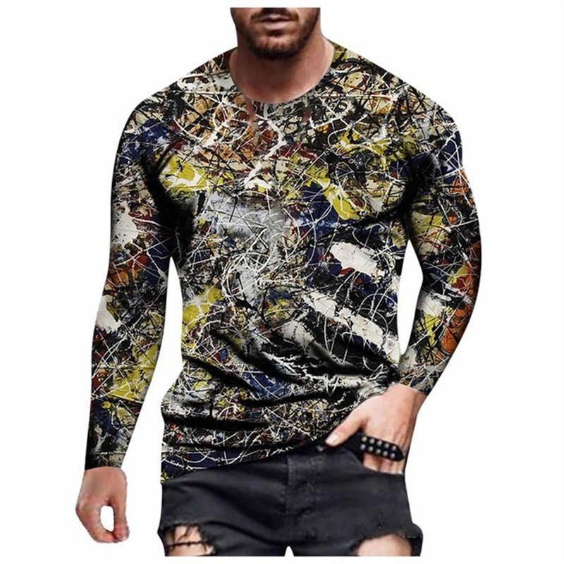 Round Neck 3D Graffiti Printed Top Casual Long Sleeved Men's T-shirts - Soft Medium Stretch Polyester Fabric Spring and Autumn Relaxed Fit Clothing