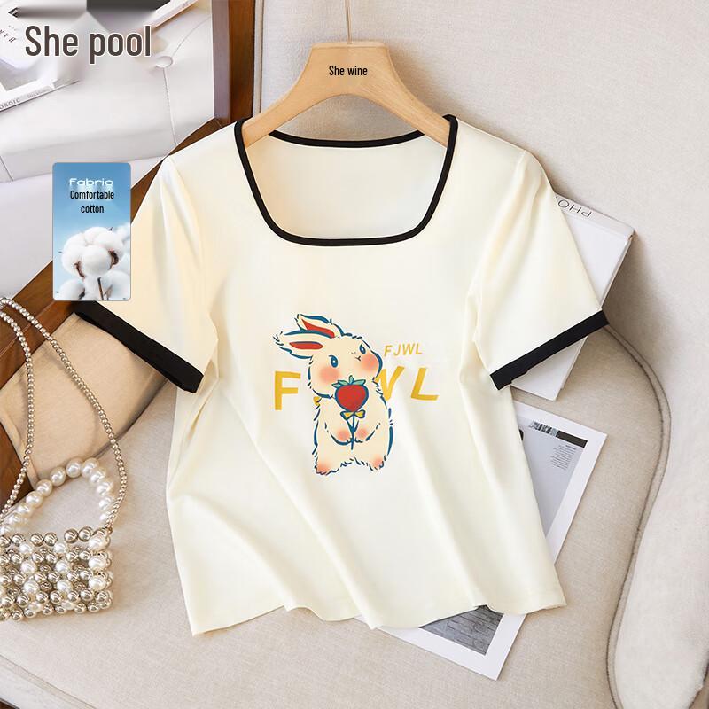 Women s 2026 Summer Printed Cartoon Square Collar Short Sleeve T-Shirt L
