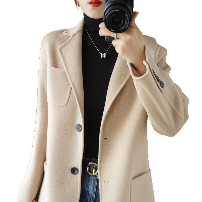 Women's Slim Fit Double-Faced Wool Coat - Short Style with Small Lapel for Autumn & Winter