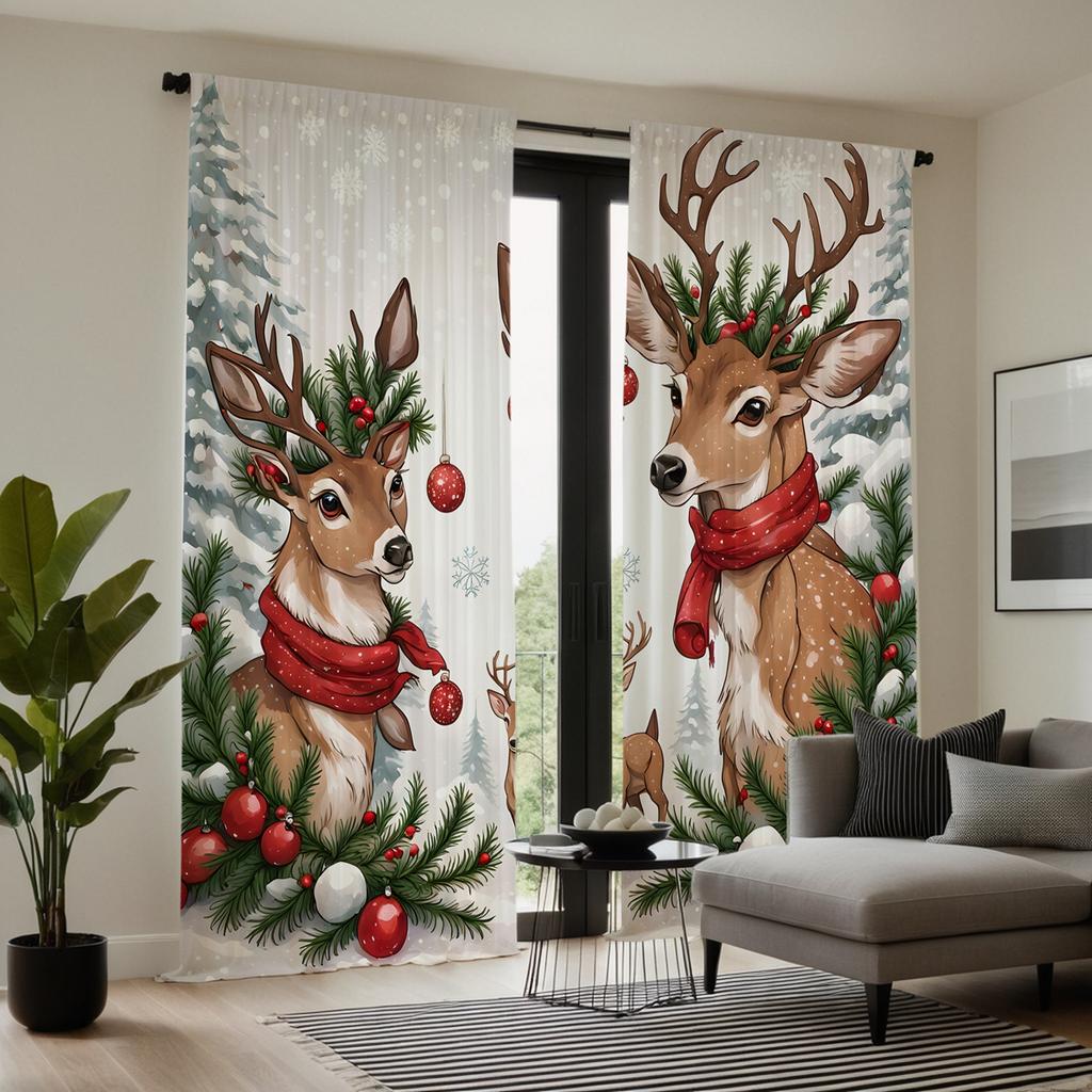 2pcs set HD Christmas White Snowflake reindeer decorative curtain White tie digital printed curtain Home Decoration style Dec