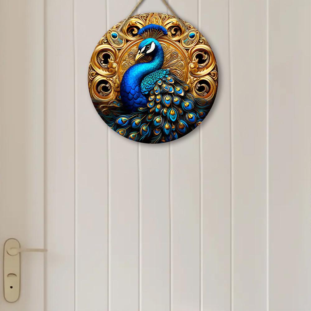 Wooden Diwali Decor Wooden Ornament - Blue Peacock Pattern Gold Background -2D Flat Products-for Door,  Farmhouse, Street, Shop, Garage, Bar,