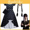 Vestido Peruca Cosplay Fantasia da Wandinha Addams Para Meninas Crianças Festa de Halloween Natal