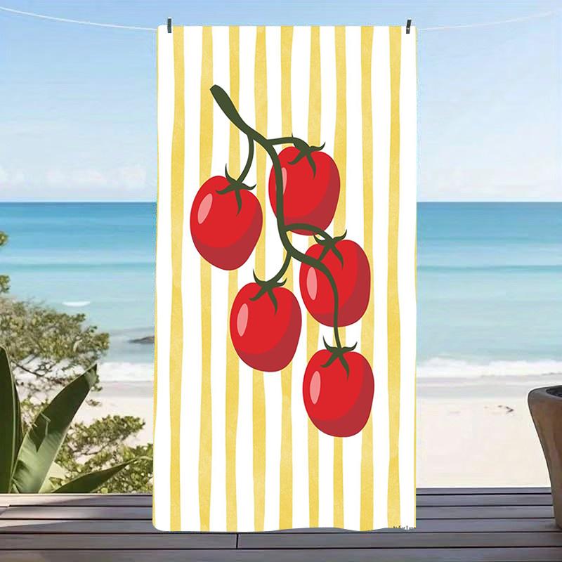Tomato Print Striped Beach Towel Lightweight Quick Dry Soft Microfiber For Travel Swimming