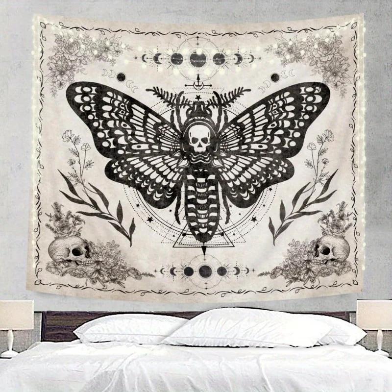 VIKAMA Dark Gothic Death Butterfly Tapestry Skull Floral Motif Wall Hanging Bedroom Headboard Guesthouse Wall Decoration 74x94cm(29x37in)