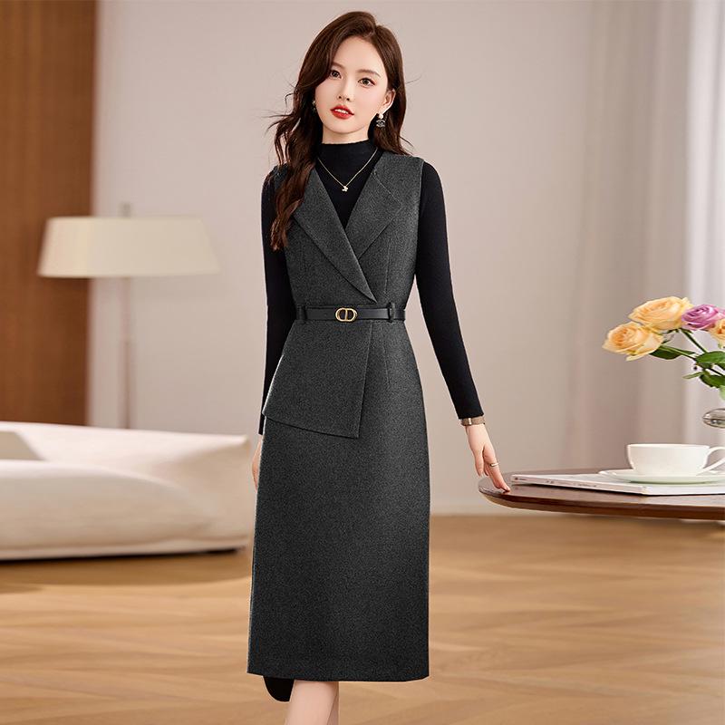 Set Vestă Tricotată & Rochie Lungă de Modă Femei Primăvara Devreme 2025