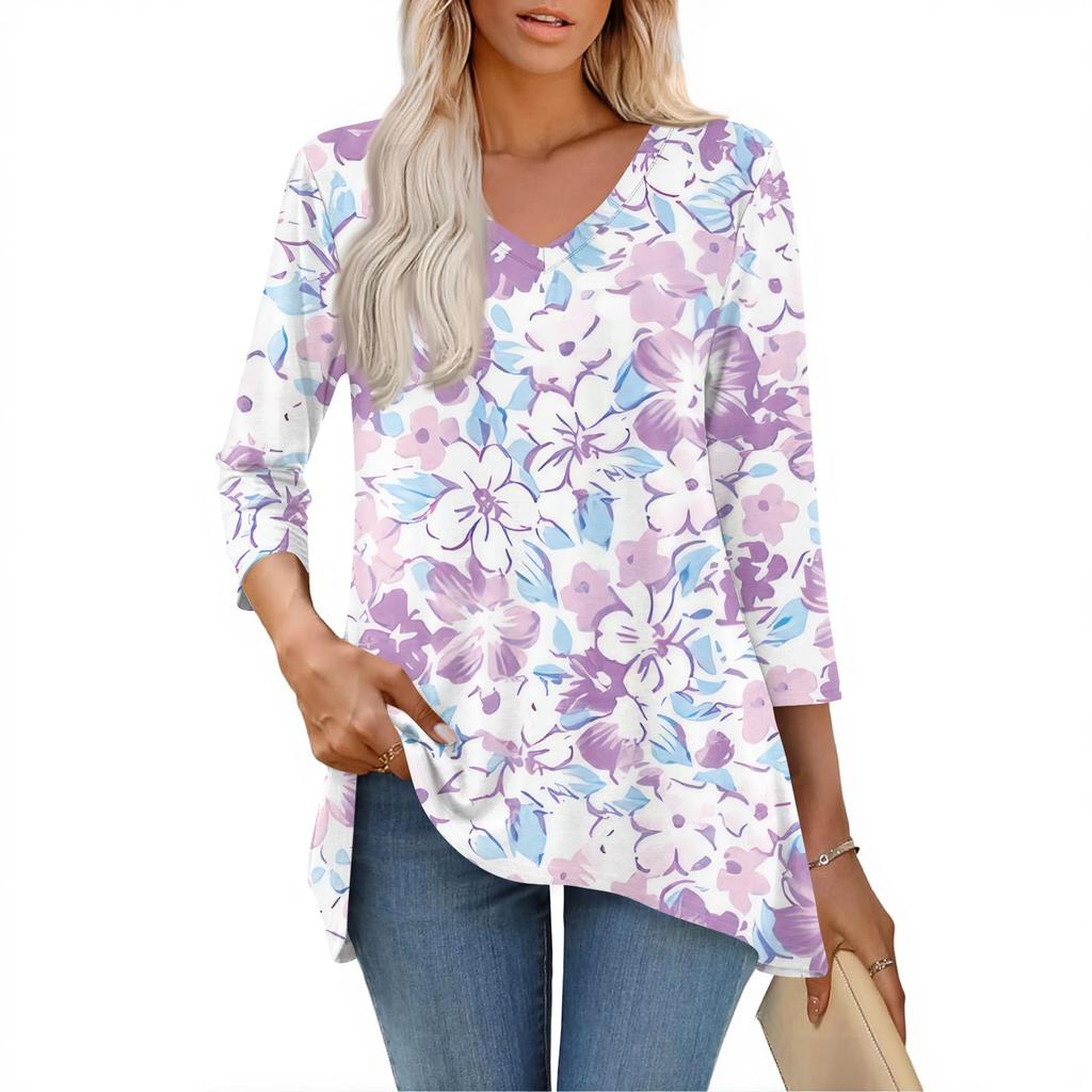 Dámské topy s výstřihem do V a 3/4 rukávem, ležérní košile střední délky, módní tuniky s potiskem