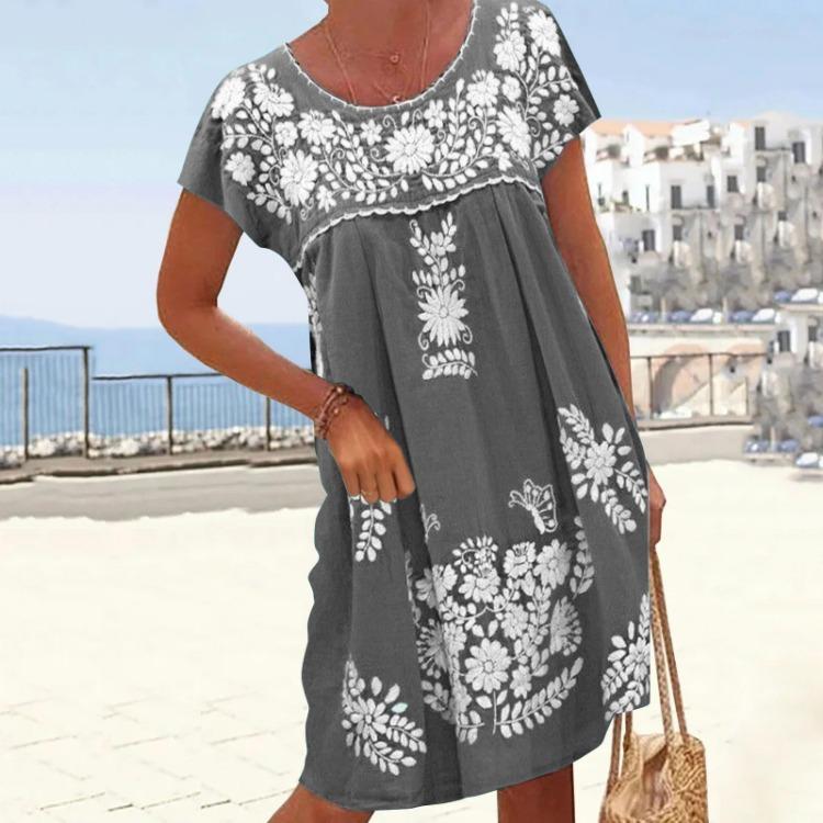 New Women Short Sleeve Round Neck Dress Spring Summer Ethnic Style Shoulder