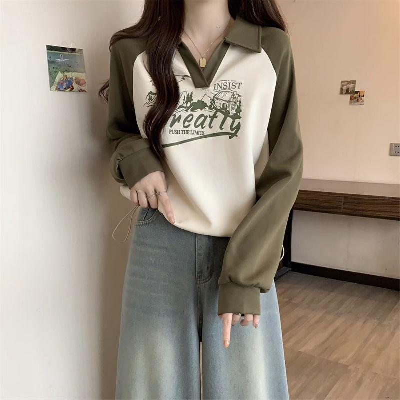 Women s Plus Size Retro Raglan Sleeve Hoodie with Polo Collar - Slimming, Loose Fit, Spring & Autumn Fashion Large зелёный