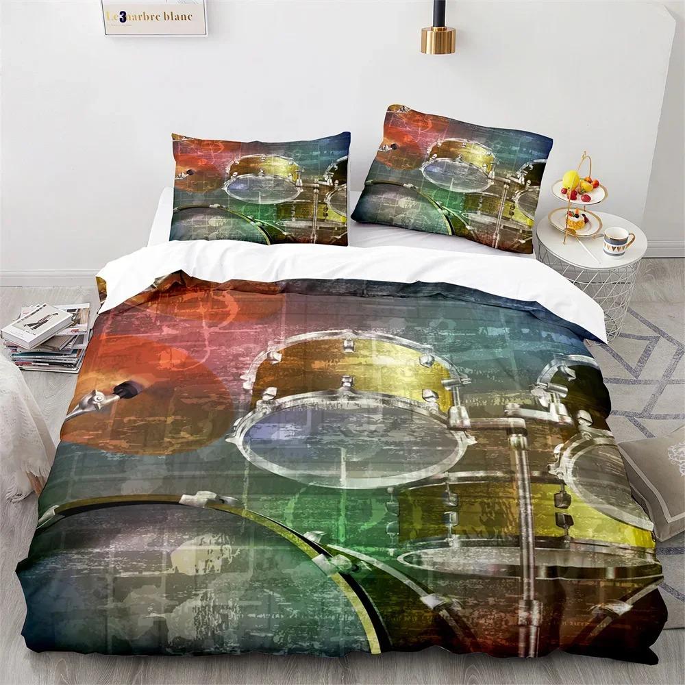 Drum Kit King Queen Duvet Cover Rock Musical Style Bedding Set for Kids Teens Adults Hip Hop Grunge Polyester Quilt Cover