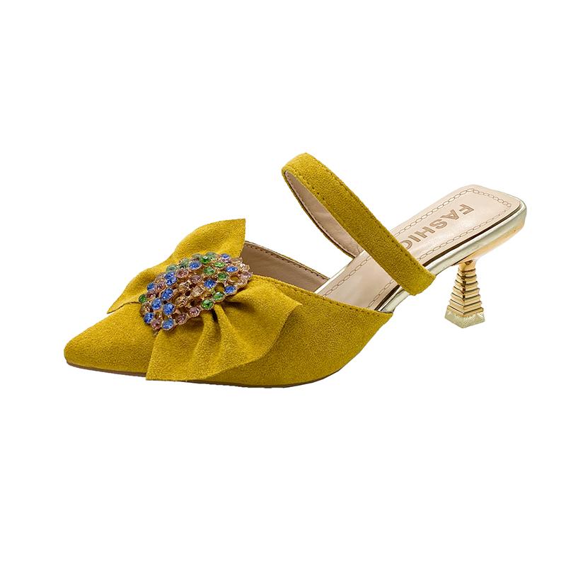 Fashion 2025 Summer Outdoor Women’s Closed Toe Slippers Crystal Bow Tie Pointed Toe Thin Heels Sandals for Fashion Daily Dress Slippers