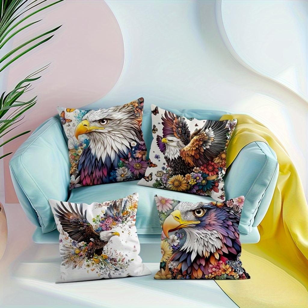 Vibrant Floral Bald Eagle Pillow Covers, Colorful Wildlife Floral Art Throw Pillow Cases, Boho Nature Home Decor Cushion Covers