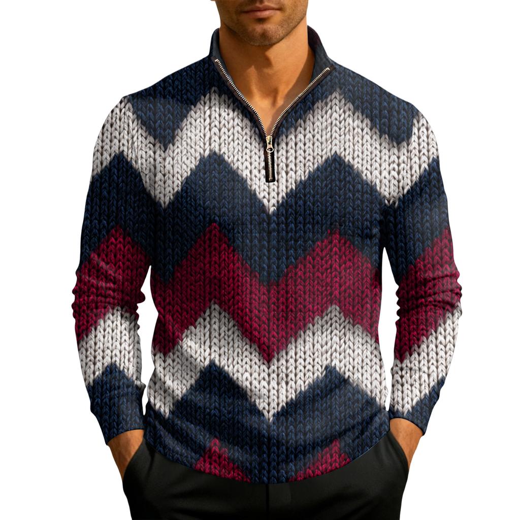 Herrstickad tröja med kvartslång dragkedja och ståkrage