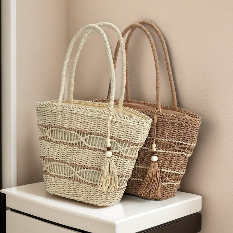 Simple Color Blocking Ripple Pattern Women Woven Tote Bag For Casual Daily Use