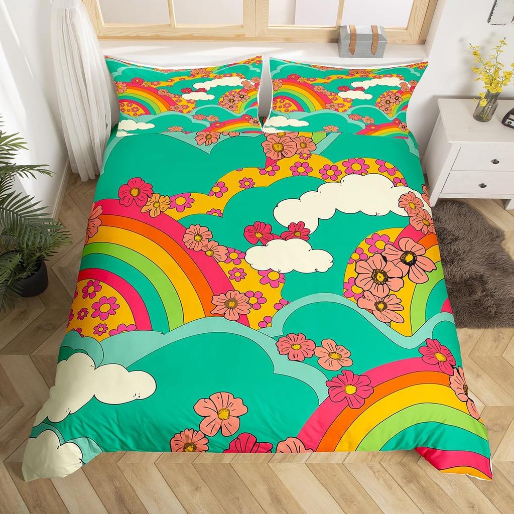Erosebridal 60S 70S Hippie Duvet Cover Twin Vintage Boho Sun Bedding Set Groovy Flowers Clouds Love Hearts Comforter Cover for Kids Girls Te