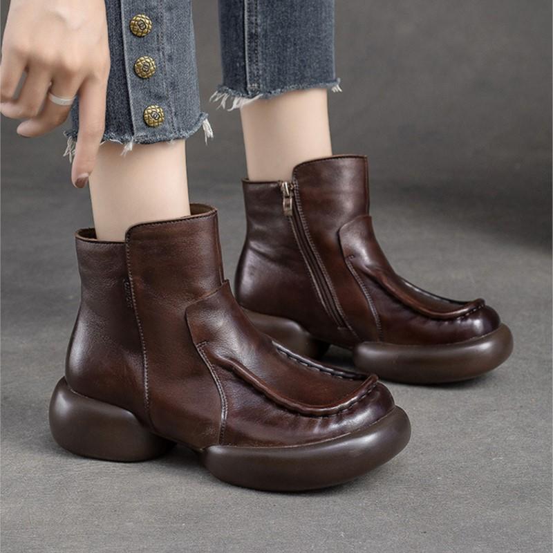 Fashion GKTINOO Round Toe Short Boots 2025 Autumn Winter Warm Genuine Leather Zip Retro Versatile Women Soft Sole Platform Shoes