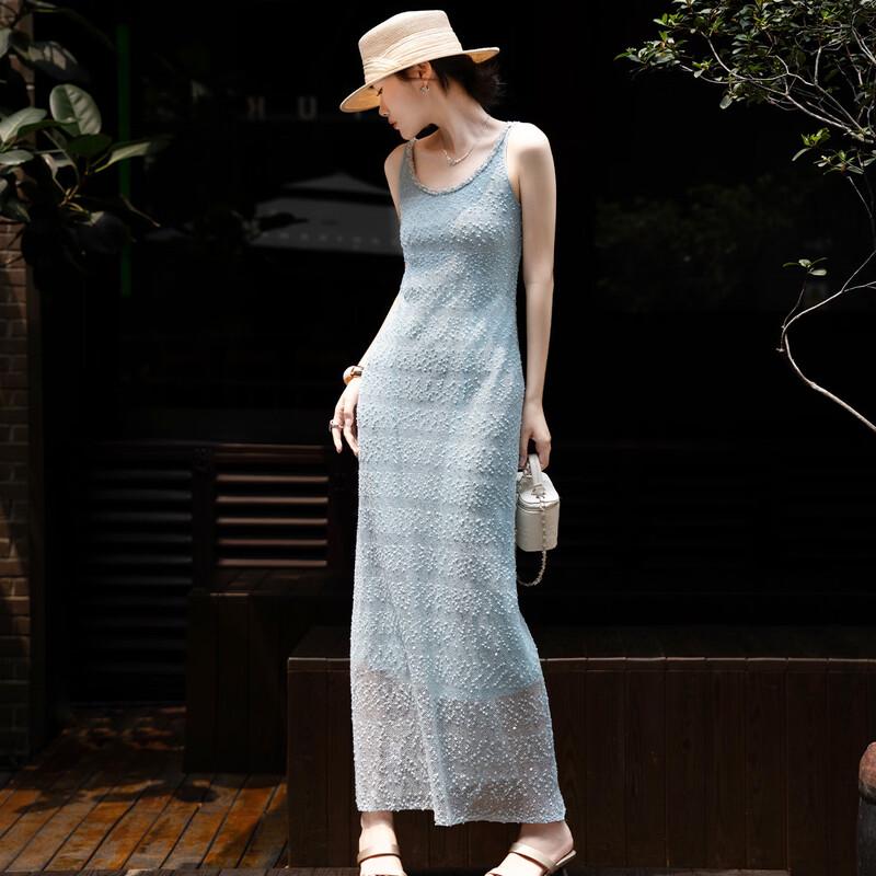 Lanse er 2026 Summer Elegant U-Neck Sequin Pearl Sleeveless Dress XL светло-синий