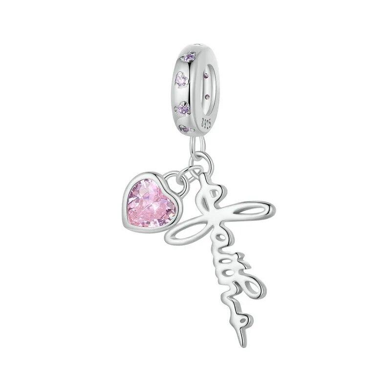 

BAMOER Faith Charm, подвеска из стерлингового серебра 925 пробы с крестом, сердце, CZ, начальная подвеска, подходит для браслета, рождественские украшения, подарки SCC2674