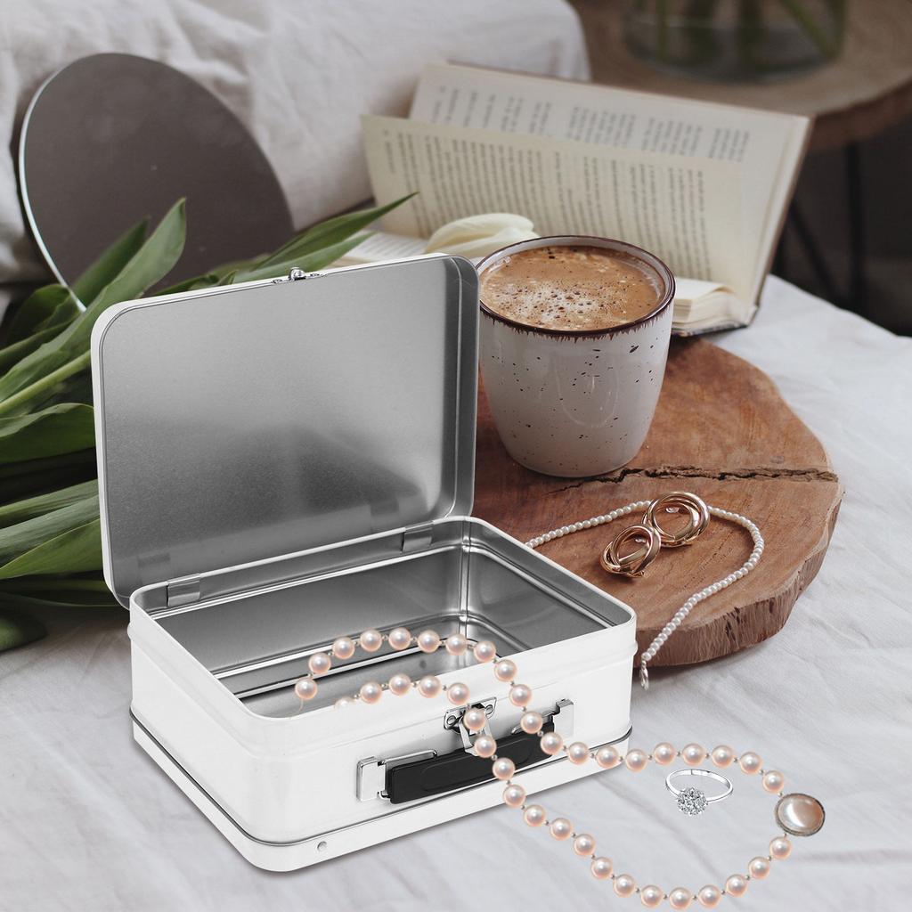 Tin Box with Handle Exquisite White Tinplate Storage Box Multi Purpose Desktop Organizer Jewelry Container Coin Souvenirs