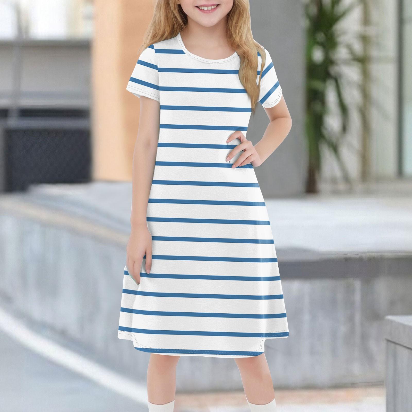 

Детское летнее повседневное модное платье с короткими рукавами и круглым вырезом 100 синий
