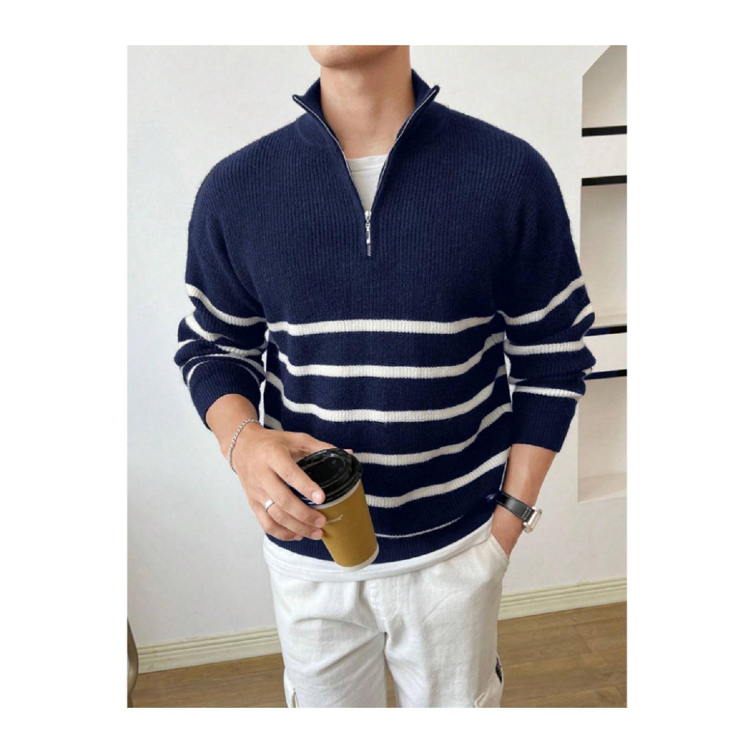 

Темно-сине-белый мужской трикотажный свитер обычного размера на молнии в рыбацком стиле S синий