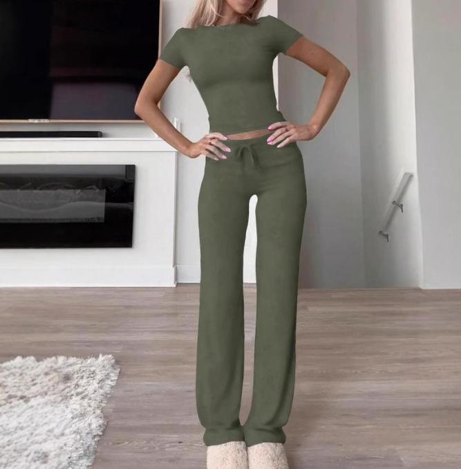 2025 Spring Women Solid Short Sleeve Crop T-Shirt & Drawstring Flared Pants 2 Piece Casual Loungewear Set