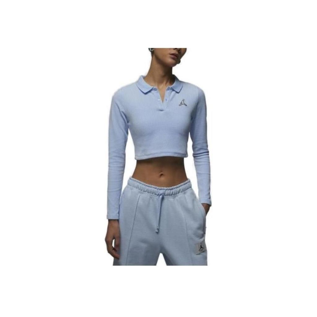 Jordan Solid Logo Cropped Corduroy Long Sleeve Top Women Tops Ice-Blue DV1401-411